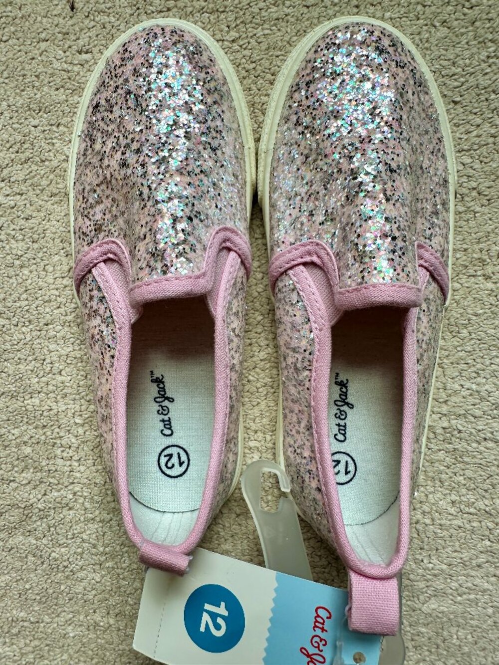 Cat & Jack girls slip on sneakers pink white glitter, sz 12C NWT